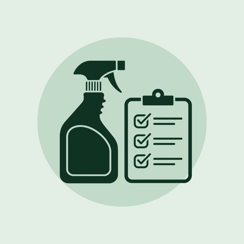 Flat green icon of a spray bottle and checklist, symbolizing commercial cleaning services in Mesa