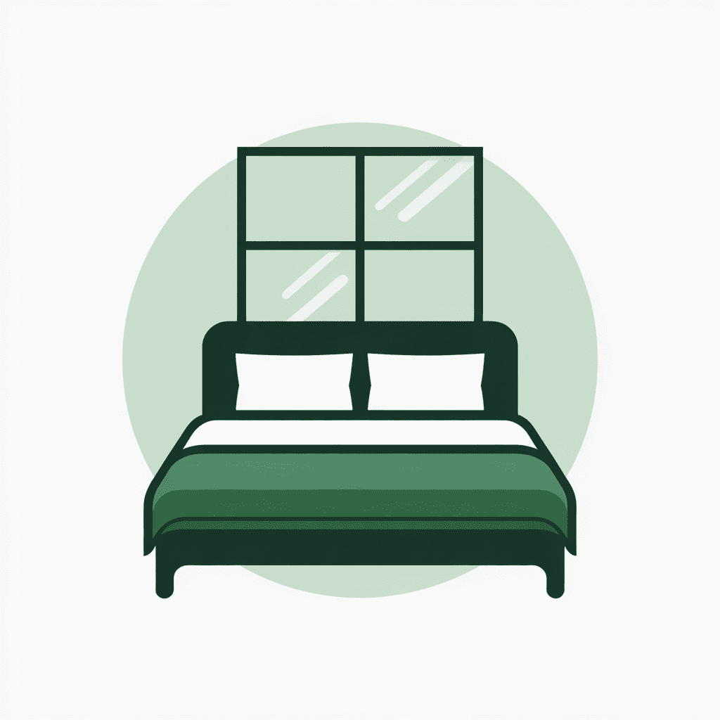Flat green icon of a neatly made bed under a window, symbolizing Airbnb cleaning in Mesa, AZ