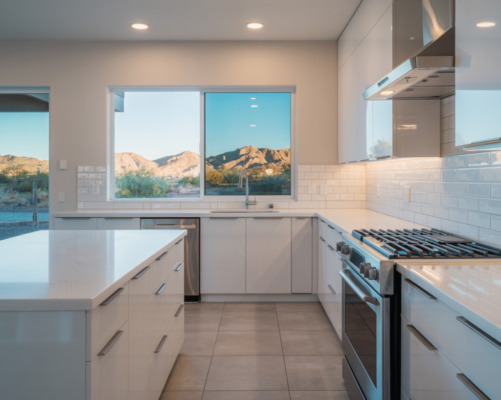 Freshly cleaned Mesa kitchen after renovation, spotless countertops and floors after post-construction cleanup