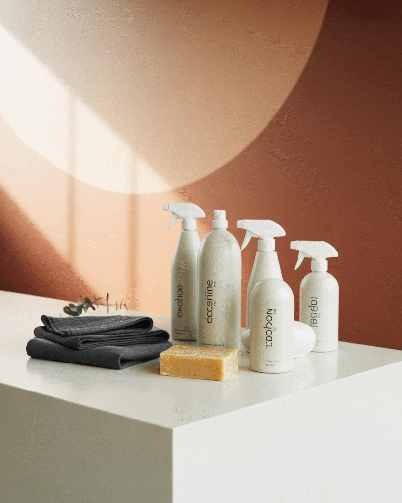 Eco-friendly cleaning supplies on countertop, representing reliable and professional cleaning services in Mesa by Your Total Clean