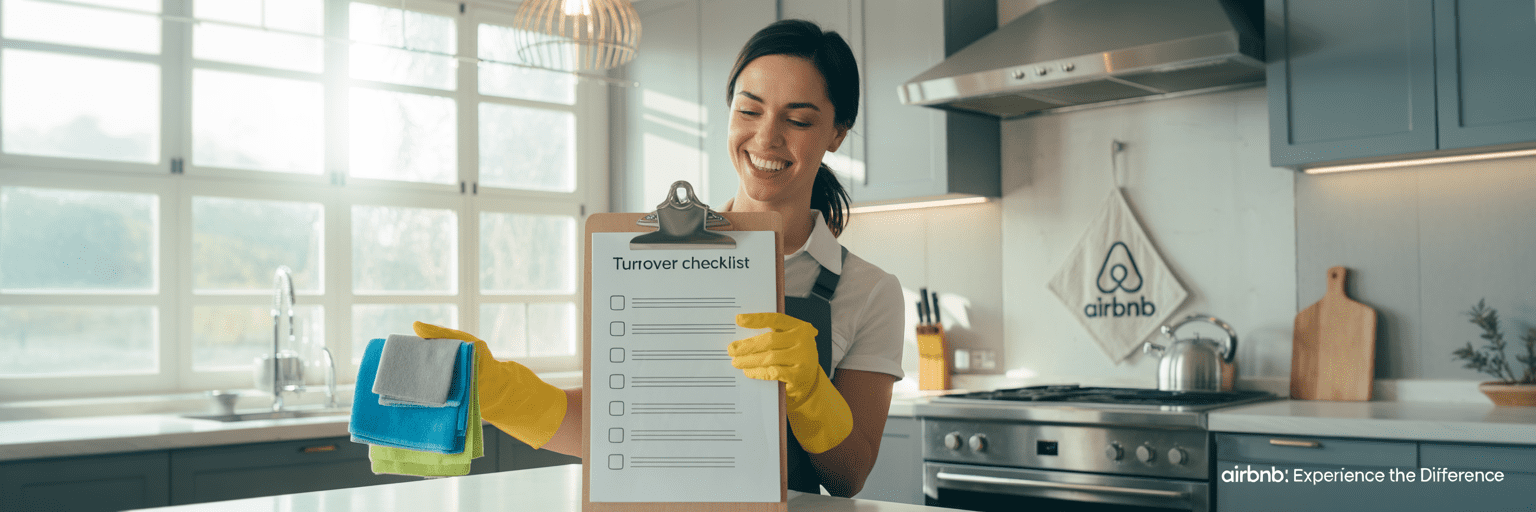Your Total Clean professional completing Airbnb turnover cleaning checklist in modern kitchen.